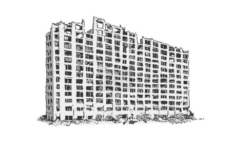 Téléchargez les illustrations : Illustration d'un immeuble endommagé en noir et blanc - en licence libre de droit