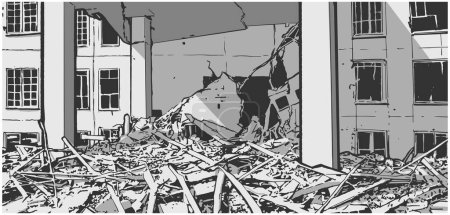 Illustration for Comic book style illustration of damaged building in black and white - Royalty Free Image