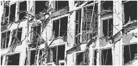 Illustration for Comic book style illustration of damaged building in black and white - Royalty Free Image