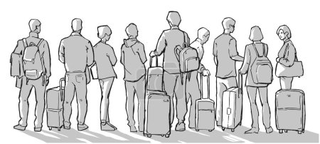 Illustration for Illustration of people, passengers waiting, standing in line in black and white - Royalty Free Image