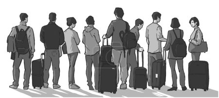 Téléchargez les illustrations : Illustration de personnes, passagers en attente, faisant la queue en noir et blanc - en licence libre de droit