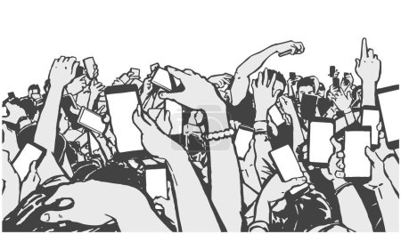 Illustration for Illustration of fans recording, streaming with phones in black and white - Royalty Free Image