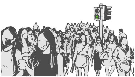 Ilustración de Ilustración de muchedumbre de mujeres caminando, cruzando calle, usando máscaras faciales - Imagen libre de derechos