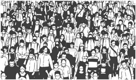 Illustration for Stylized illustration of dense city crowd wearing face masks in black and white - Royalty Free Image