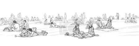 Téléchargez les illustrations : Illustration de personnes se relaxant, bronzant, pique-niquant par temps chaud - en licence libre de droit