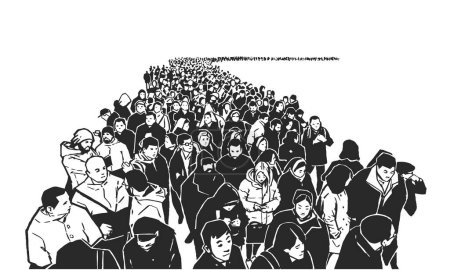 Téléchargez les illustrations : Illustration d'une grande foule de personnes faisant la queue en noir et blanc - en licence libre de droit