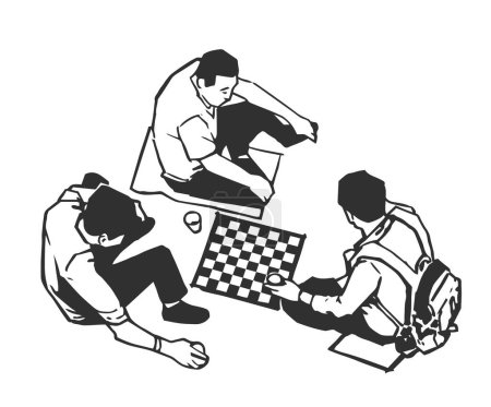 Téléchargez les illustrations : Illustration vectorielle stylisée de personnes buvant et jouant aux échecs à l'extérieur en noir et blanc - en licence libre de droit