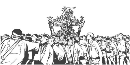 Téléchargez les illustrations : Illustration de la procession du festival japonais en noir et blanc - en licence libre de droit