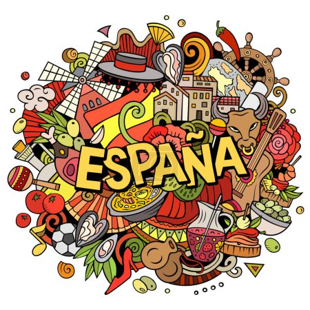 Espagne dessin à la main illustration de doodle dessin animé. Design espagnol drôle. Art créatif fond raster. Texte manuscrit avec éléments et objets. Composition colorée