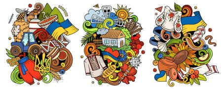 Ukraine cartoon raster doodle designs set. Colorful detailed compositions with lot of ukrainian objects and symbols.