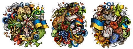 Ucrania dibujos animados raster doodle diseños conjunto. Coloridas composiciones detalladas con muchos objetos y símbolos ucranianos.