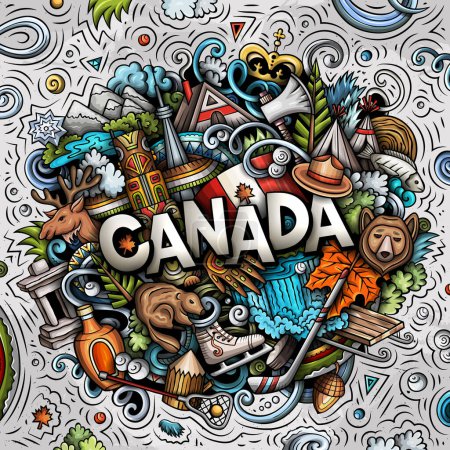 Kanada Cartoon Doodle Illustration. Lustiges Design. Kreativer Raster-Hintergrund. Handschriftlicher Text mit kanadischen Elementen und Objekten. Farbenfrohe Komposition