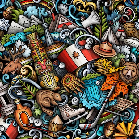 Cartoon Doodles Kanada nahtlose Muster. Hintergrund mit lokalen Symbolen und Gegenständen der kanadischen Kultur. Bunter Hintergrund für Druck auf Stoff, Textilien, Grußkarten, Schals, Tapeten