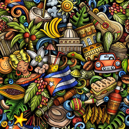 Cartoon Doodles Kuba nahtlose Muster. Hintergrund mit Symbolen und Gegenständen der lokalen kubanischen Kultur. Bunter Hintergrund für Druck auf Stoff, Textilien, Grußkarten, Schals, Tapeten