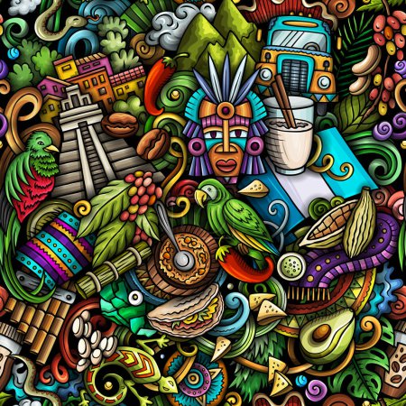 Cartoon-Doodles Guatemala nahtlose Muster. Hintergrund mit Symbolen und Gegenständen der lokalen mittelamerikanischen Kultur. Bunter Hintergrund für Druck auf Stoff, Textilien, Grußkarten, Schals, Tapeten