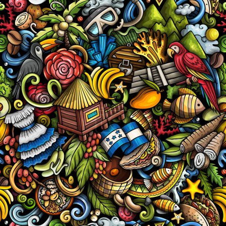 Cartoon doodles Honduras seamless pattern. Backdrop with local Honduran culture symbols and items. Colorful background for print on fabric, textile, greeting cards, scarves, wallpaper