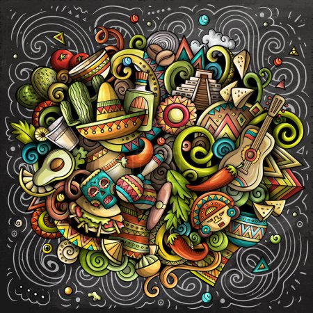 Mexiko Cartoon Raster Doodle Kreidetafel Illustration. Bunte Detailkomposition mit vielen mexikanischen Objekten und Symbolen.