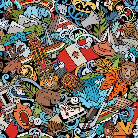 Cartoon doodles Canada seamless pattern. Backdrop with local Canadian culture symbols and items. Colorful background for print on fabric, textile, greeting cards, scarves, wallpaper