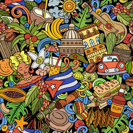 Cartoon Doodles Kuba nahtlose Muster. Hintergrund mit Symbolen und Gegenständen der lokalen kubanischen Kultur. Bunter Hintergrund für Druck auf Stoff, Textilien, Grußkarten, Schals, Tapeten