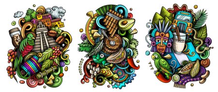 Guatemala cartoon raster doodle designs set. Bunte Detailkompositionen mit vielen karibischen Objekten und Symbolen.