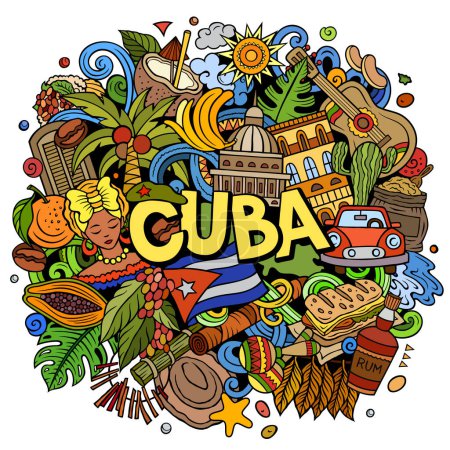 Cuba dibujos animados doodle ilustración. Un diseño divertido. Fondo raster creativo. Texto manuscrito con elementos y objetos cubanos. Composición colorida