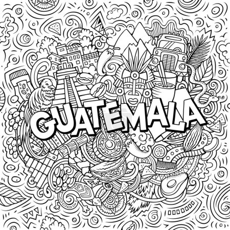 Guatemala cartoon doodle illustration. Un diseño divertido. Fondo raster creativo. Texto manuscrito con elementos y objetos de Centroamérica. Composición incompleta