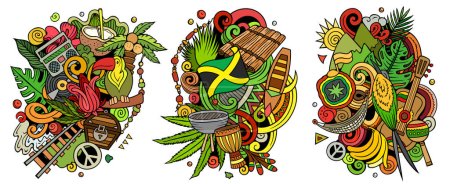Jamaica dibujos animados raster doodle diseños conjunto. Coloridas composiciones detalladas con muchos objetos y símbolos jamaiquinos.