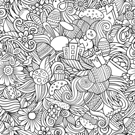 Cartoon cute doodles hand drawn Happy Easter seamless pattern. Line art detailed, with lots of objects background. Endless funny illustration.