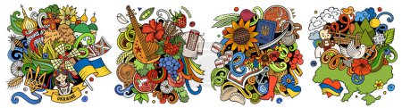 Ukraine cartoon doodle designs set. Bunte Detailkompositionen mit vielen ukrainischen Objekten und Symbolen.