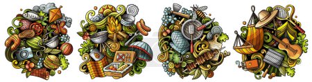 Picnic dibujos animados doodle diseños conjunto. Coloridas composiciones detalladas con gran cantidad de alimentos y objetos de la naturaleza y símbolos. Todos los artículos están separados