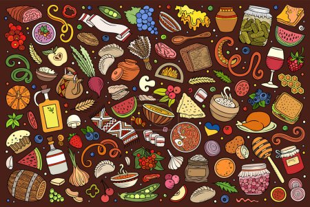 Cartoon doodle set of Ukrainian cuisine traditional symbols, items and objects