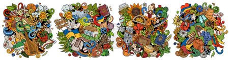 Ukraine cartoon  doodle designs set. Colorful detailed compositions with lot of ukrainian objects and symbols. 