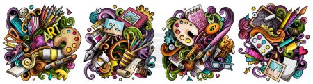 Arte dibujos animados doodle diseños conjunto. Coloridas composiciones detalladas con muchos objetos y símbolos de artista. 