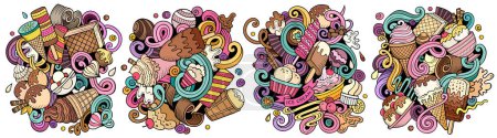 Helado dibujos animados doodle diseños conjunto. Coloridas composiciones detalladas con muchos objetos y símbolos de comida dulce. 