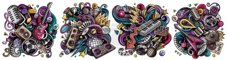 Disco música dibujos animados doodle diseños conjunto. Coloridas composiciones detalladas con muchos objetos musicales y símbolos. 