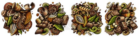 Chocolate dibujos animados doodle diseños conjunto. Coloridas composiciones detalladas con muchos objetos y símbolos choco. 