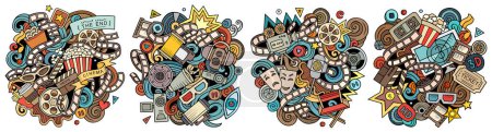 Cinema cartoon  doodle designs set. Colorful detailed compositions with lot of Movie objects and symbols. 