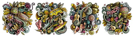 Hippie dibujos animados doodle diseños conjunto. Coloridas composiciones detalladas con muchos objetos y símbolos de cultura hippy. 