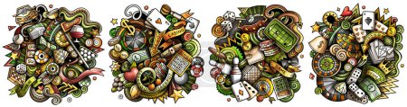 Casino cartoon doodle designs set. Bunte Detailkompositionen mit vielen Spielobjekten und Symbolen. 