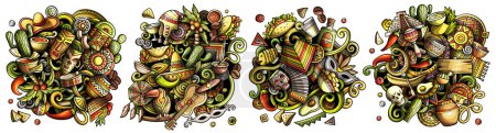 Latin America cartoon  doodle designs set. Colorful detailed compositions with lot of Latin American objects and symbols. 