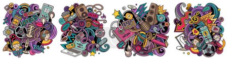 Audio content cartoon  doodle designs set. Colorful detailed compositions with lot of media objects and symbols. 