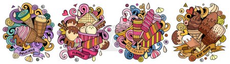 Helado dibujos animados doodle diseños conjunto. Coloridas composiciones detalladas con muchos objetos y símbolos de comida dulce.