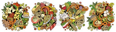 Comida italiana dibujos animados doodle diseños conjunto. Coloridas composiciones detalladas con muchos objetos y símbolos de cocina de Italia.