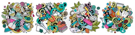 Ciencia dibujos animados doodle diseños conjunto. Coloridas composiciones detalladas con muchos objetos científicos y símbolos.