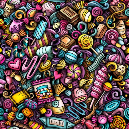 Cartoon doodles Candies seamless pattern. Backdrop with confectionery symbols and items. Colorful detailed background for print on fabric, textile, phone cases, wrapping paper.