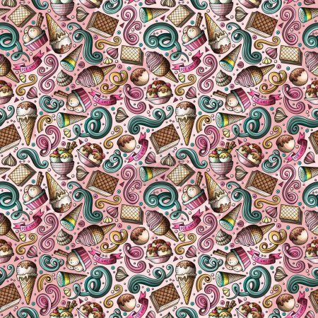 Cartoon doodles Ice-cream seamless pattern. Backdrop with ice cream symbols and items. Colorful detailed background for print on fabric, textile, phone cases, wrapping paper