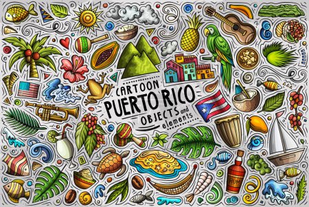 Cartoon-Doodle-Set mit traditionellen Symbolen, Gegenständen und Objekten von PUERTO RICO
