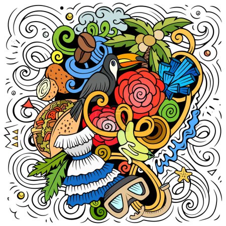 Zeichentrickkritzelillustration Honduras. Komisches honduranisches Design. Kreativer Hintergrund mit mittelamerikanischen Länderelementen und Objekten. Farbenfrohe Komposition