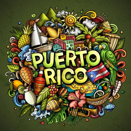 Puerto Rico cartoon doodle illustration. Funny Puerto-Rican design. Creative  background with Caribbean country elements and objects. Colorful composition