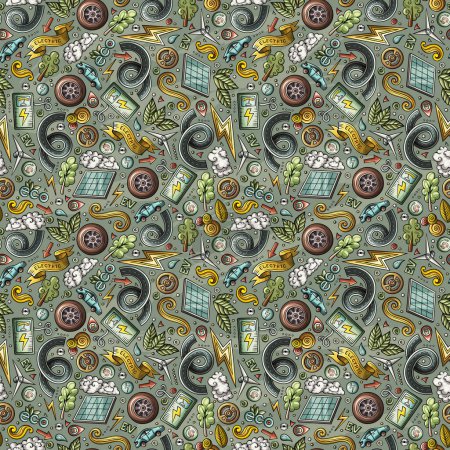 Cartoon cute doodles Electric vehicle seamless pattern. Colorful detailed, with lots of objects background. Backdrop with eco cars symbols and items